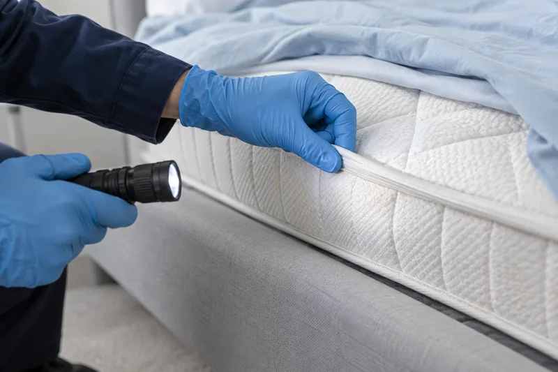 Illustrative close inspection of a mattress seam with a flashlight